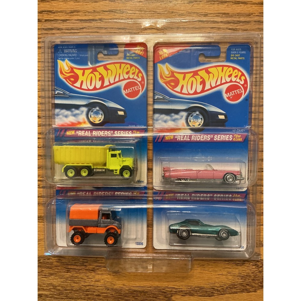 Hot Wheels 1994 Real Riders Series Set of 4 Unimog Caddy Corvette Dump Truck NEW